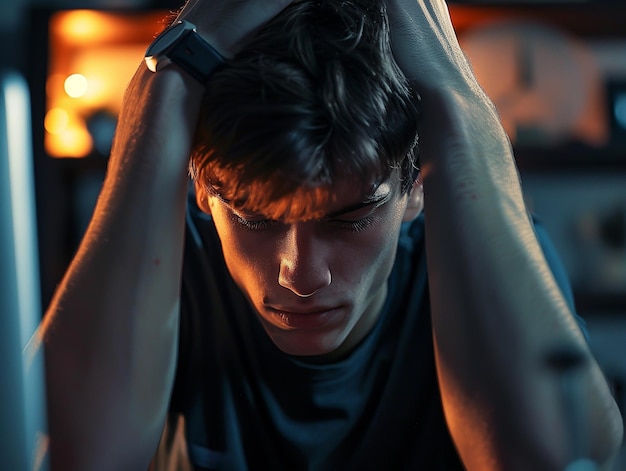 A stressed businessman sits at his desk with his hands on his head looking frustrated and overwhelme