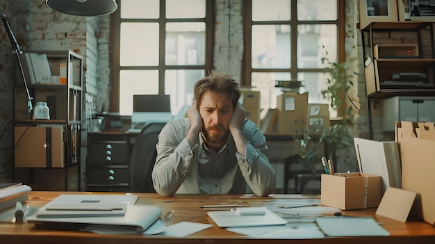 Stressed businessman sitting at his desk hands covering his ears