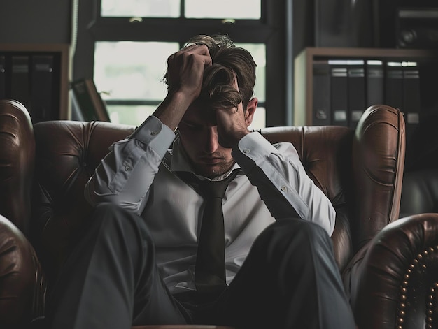 A stressed businessman in a white shirt and tie sits in a leather office chair looking overwhelmed w