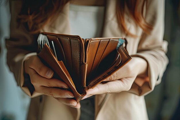 Stressed Businesswoman Holding an Empty Wallet for Bill Payment