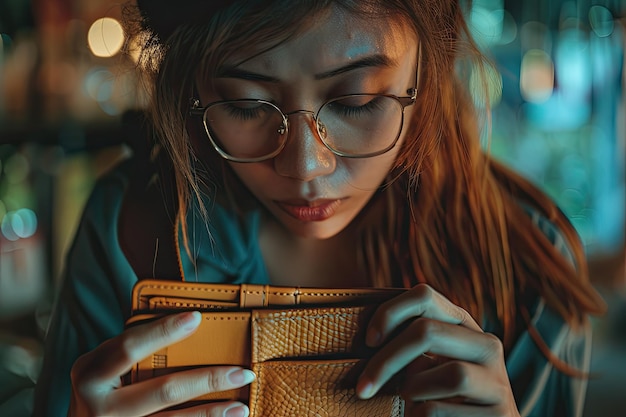 Stressed Businesswoman Holding an Empty Wallet for Bill Payment