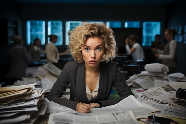 Stressed businesswoman newspaper reporter sitting at desk in office among pile of newspapers and looking at camera