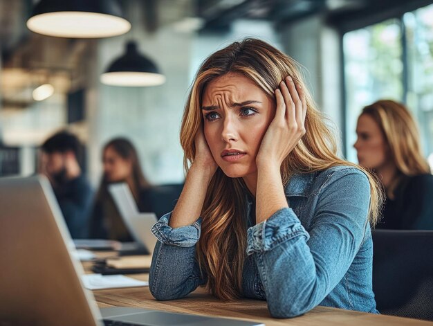 Photo stressed businesswoman overwhelmed at work in modern office environment