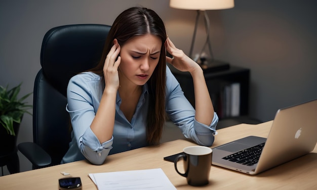 Stressed businesswoman touching her head while working late