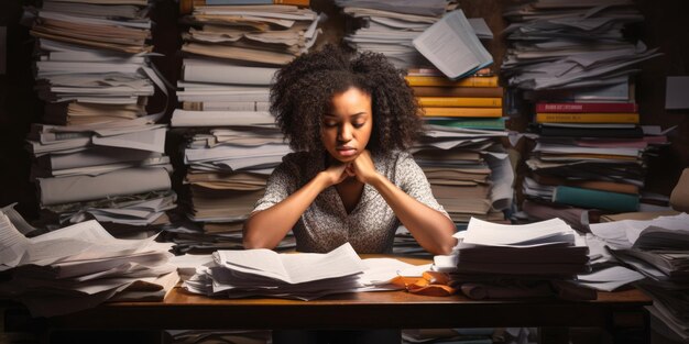 Stressed and exhausted office worker with pile of document on desk without comeliness