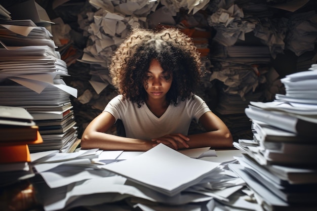 Stressed and exhausted office worker with pile of document on desk without comeliness