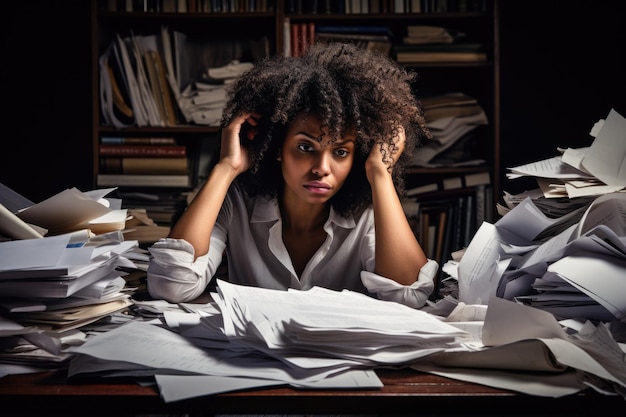 Stressed and exhausted office worker with pile of document without comeliness