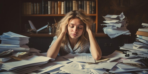 Stressed and exhausted office worker with pile of document without comeliness