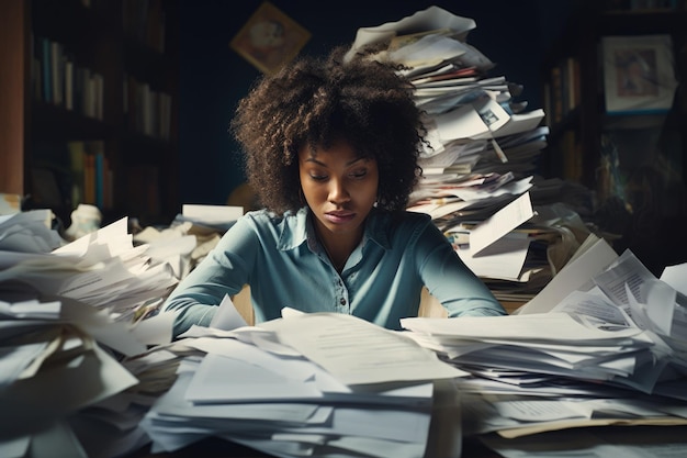 Stressed and exhausted office worker with pile of document without comeliness