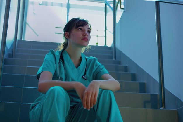 Stressed female healthcare worker sits on hospital stairs