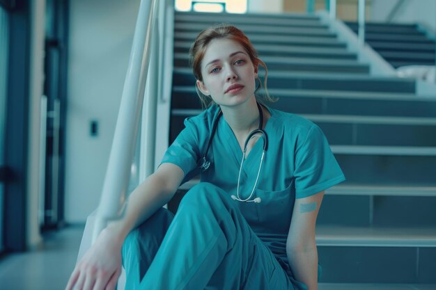 Stressed female healthcare worker sits on hospital stairs