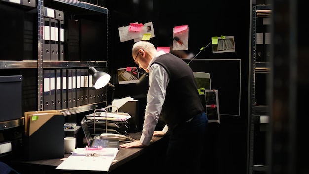 Stressed investigator on police duty, working with classified documents to solve case. Experienced law enforcement agent examining clues on board, reading witness statements files.