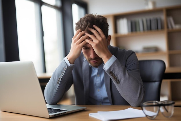 Stressed male designer sitting at desk in the office