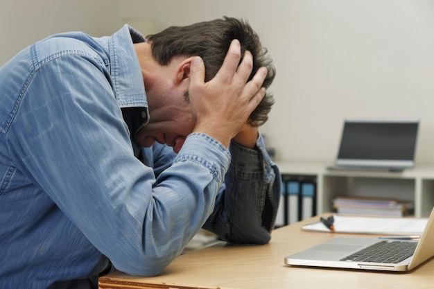 A stressed man in a denim shirt sits at a desk gripping his head in frustration next to an open laptop embodying anxiety and exhaustion