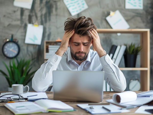 A stressed man sitting at his office desk working on a laptop with hands on his head surrounded by p