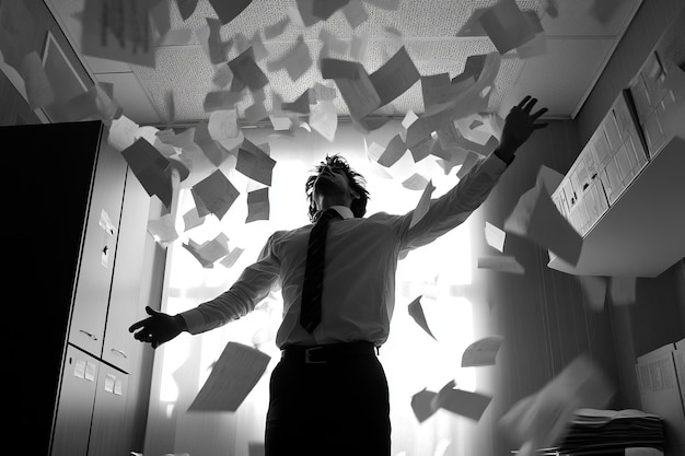 Photo a stressed man throws scraps of paper around the office