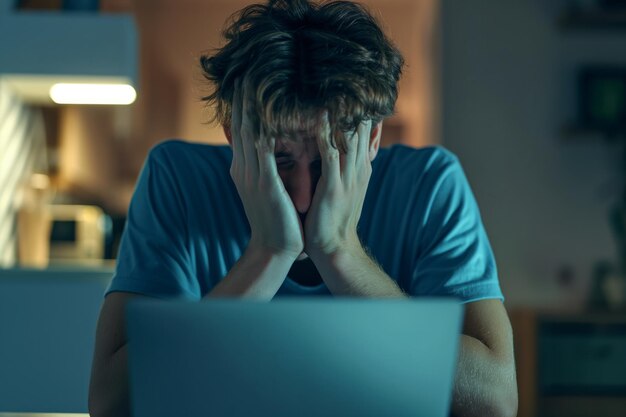 Stressed Man Working on Laptop