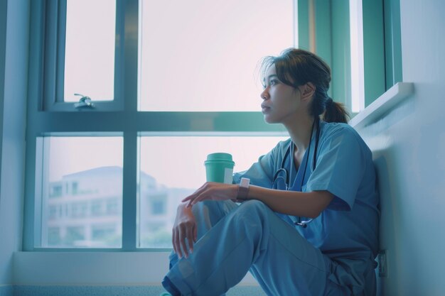 Stressed nurse takes coffee break in busy hospital