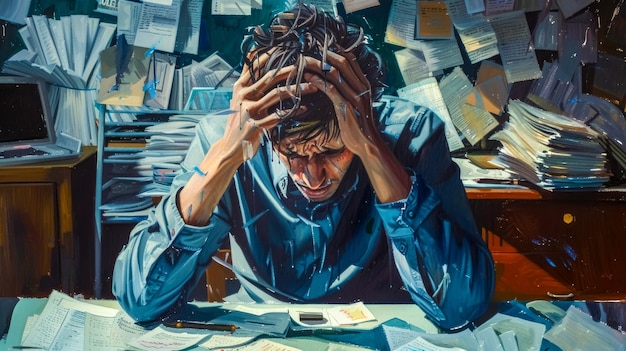 Photo stressed office worker holding head sitting at desk surrounded by paperwork