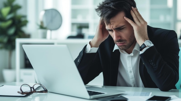 A stressed person at a desk holds their head in dismay while looking at a laptop screen with eyeglasses set aside