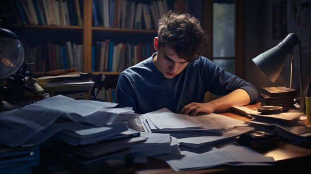 Photo stressed teen studying at home capturing the realities of academic pressure and study stress