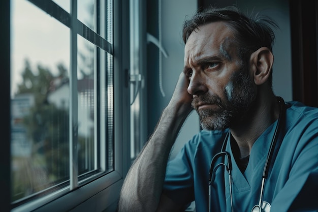 Stressed tired healthcare worker near window feeling overwhelmed