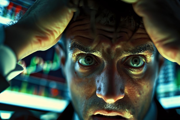 Stressed Trader Reacting to Market Volatility with Stock Graphs in Background