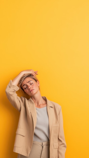 Photo a stressed woman in business attire expressing anxiety and frustration while holding her head against a yellow background during a challenging moment