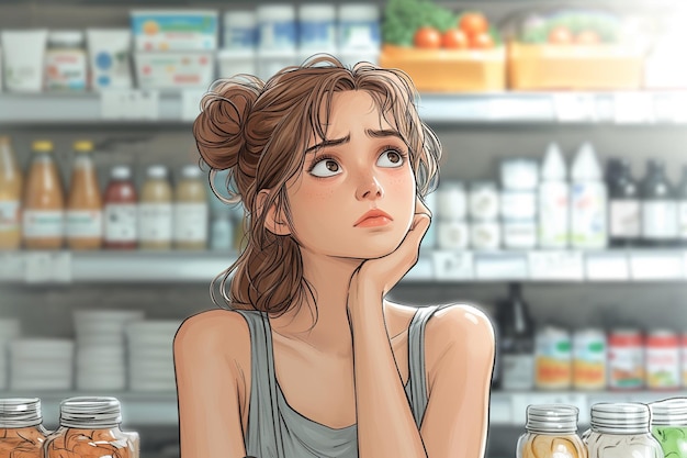 stressed woman doing grocery shopping and thinking about todos