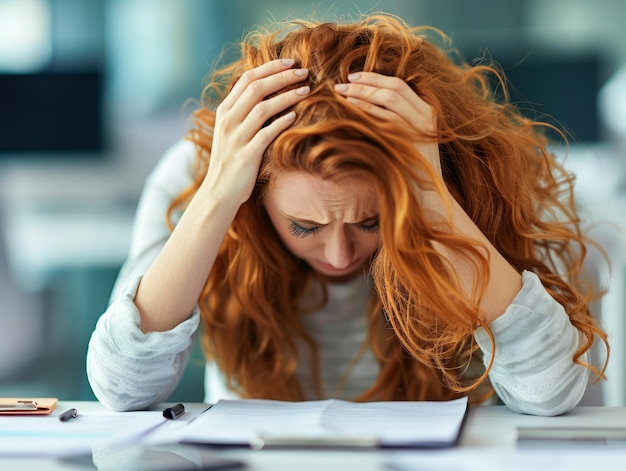 Photo stressed woman at work with hands on head frustrated and overwhelmed by deadlines and workload