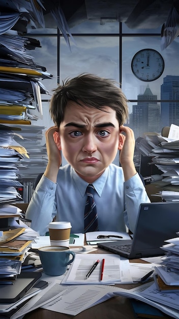 Stressed young businessman overworking