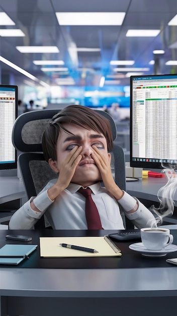 Stressed young businessman sitting at workplace in the office