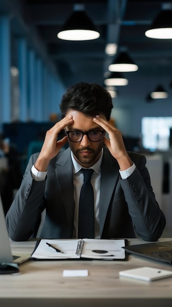 Stressed young businessman sitting at workplace in the office