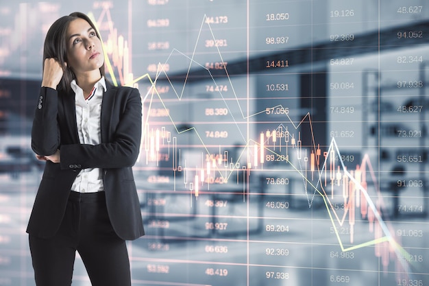 Stressed young european businesswoman standing in blurry office interior with falling red index candlestick graph Crisis market fall recession and money loss concept Double exposure