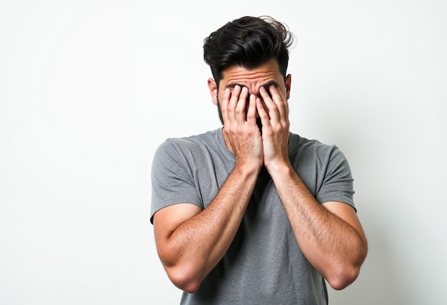 Photo stressed young man covering face with hands feeling shame disappointment regret bad news failure bankruptcy problem debt concept isolated white background studio portrait