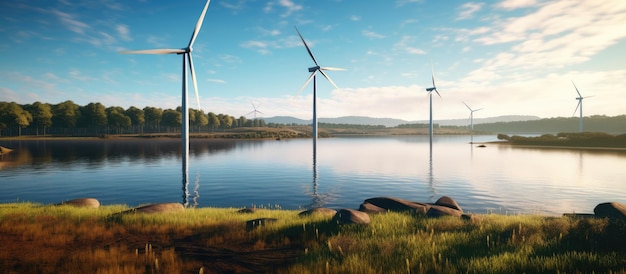 A stretch of dam water next to green agricultural land contains windmill turbines