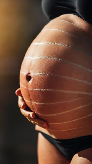 Photo stretch marks on skin pregnant woman with close up shot