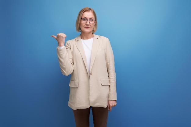 Strict serious adult woman with a bob hairstyle in a restrained manner on a bright background with