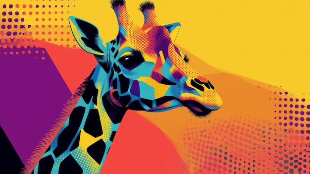 A striking 2D poster featuring a giraffe in Neo Brutalism style with bold geometric shapes