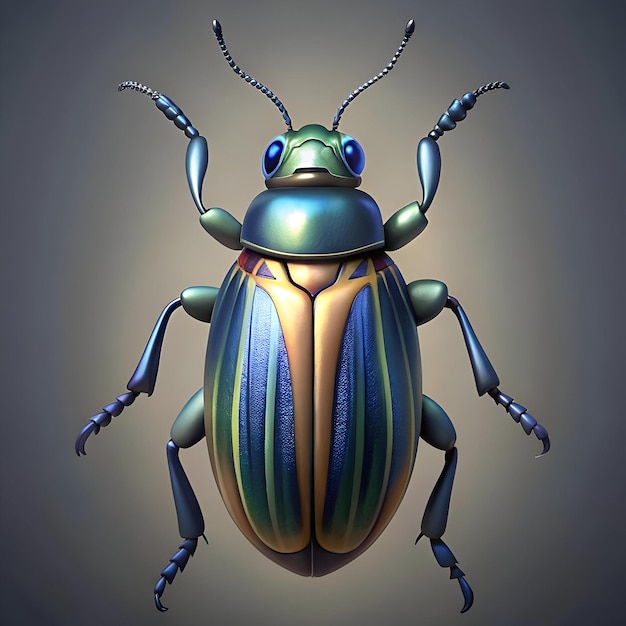 A striking 3D illustration of a beetle with vibrant green blue and gold colors