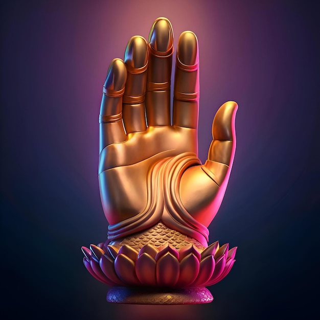 Photo a striking 3d illustration of a golden buddhas hand resting on a lotus flower radiating peace and serenity