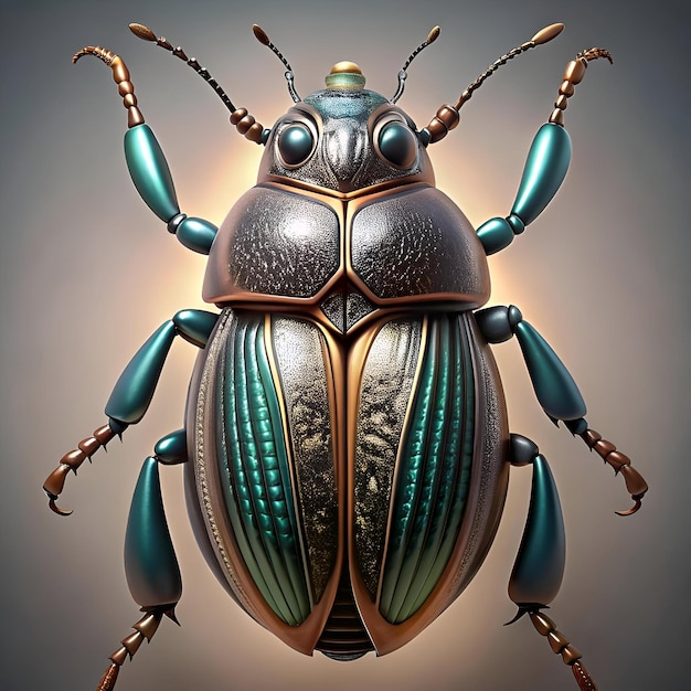 A striking 3D rendering of a stylized beetle with a captivating teal and gold exoskeleton