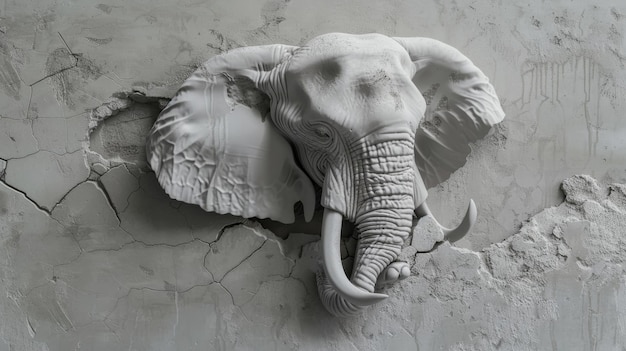 Photo a striking 3d sculpture of an elephant head emerging from a cracked gray concrete wall creating a powerful and dramatic effect