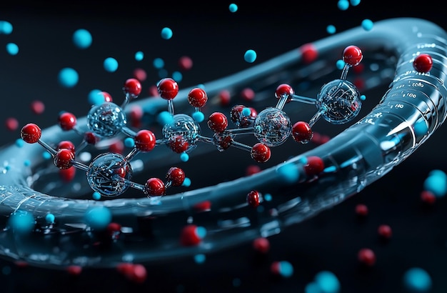 A striking abstract illustration of insulin molecules and glucose monitors