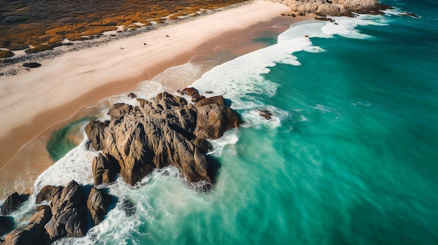 A striking aerial image of a serene beach highlighting the harmony and splendor of nature