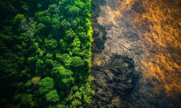 Photo striking aerial view of deforestation lush forest transformed into barren landscape