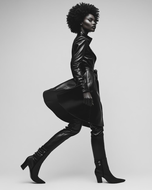 Photo the striking afro woman captures attention as she walks with poise in a stylish black outfit embodying grace and contemporary fashion in a bold and artistic manner