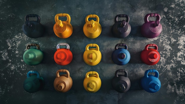 Photo a striking arrangement of colorful kettlebells on a dark textured surface emphasizing strength diversity and fitness