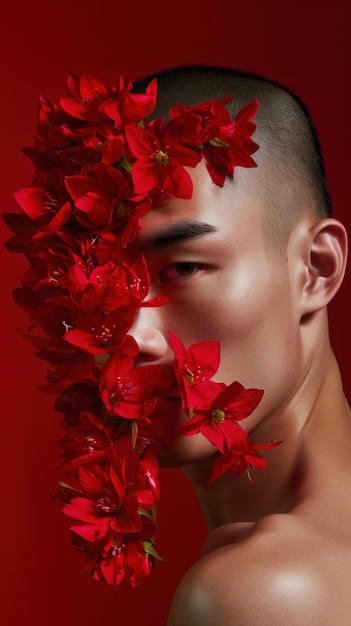 Photo striking asian man with dramatic red flower petals covering face