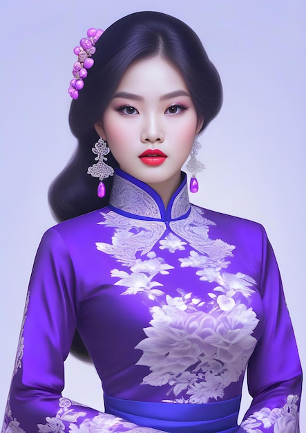 Striking asian woman wearing aodai the national traditional dress in Vietnam high quality portrait